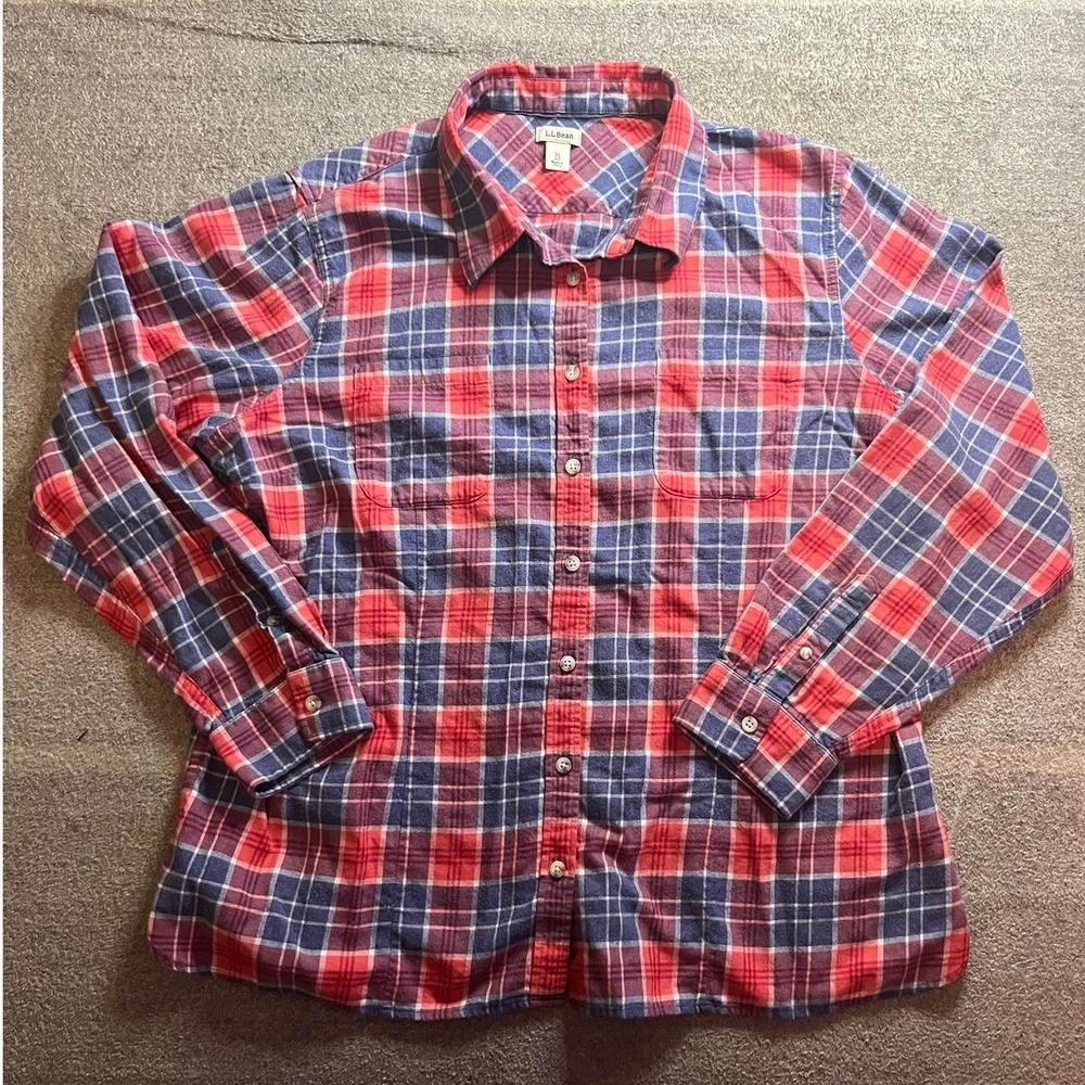 LL Bean Womens XL Petite Scotch Plaid Flannel Shirt Red Blue Cotton Gorpcore